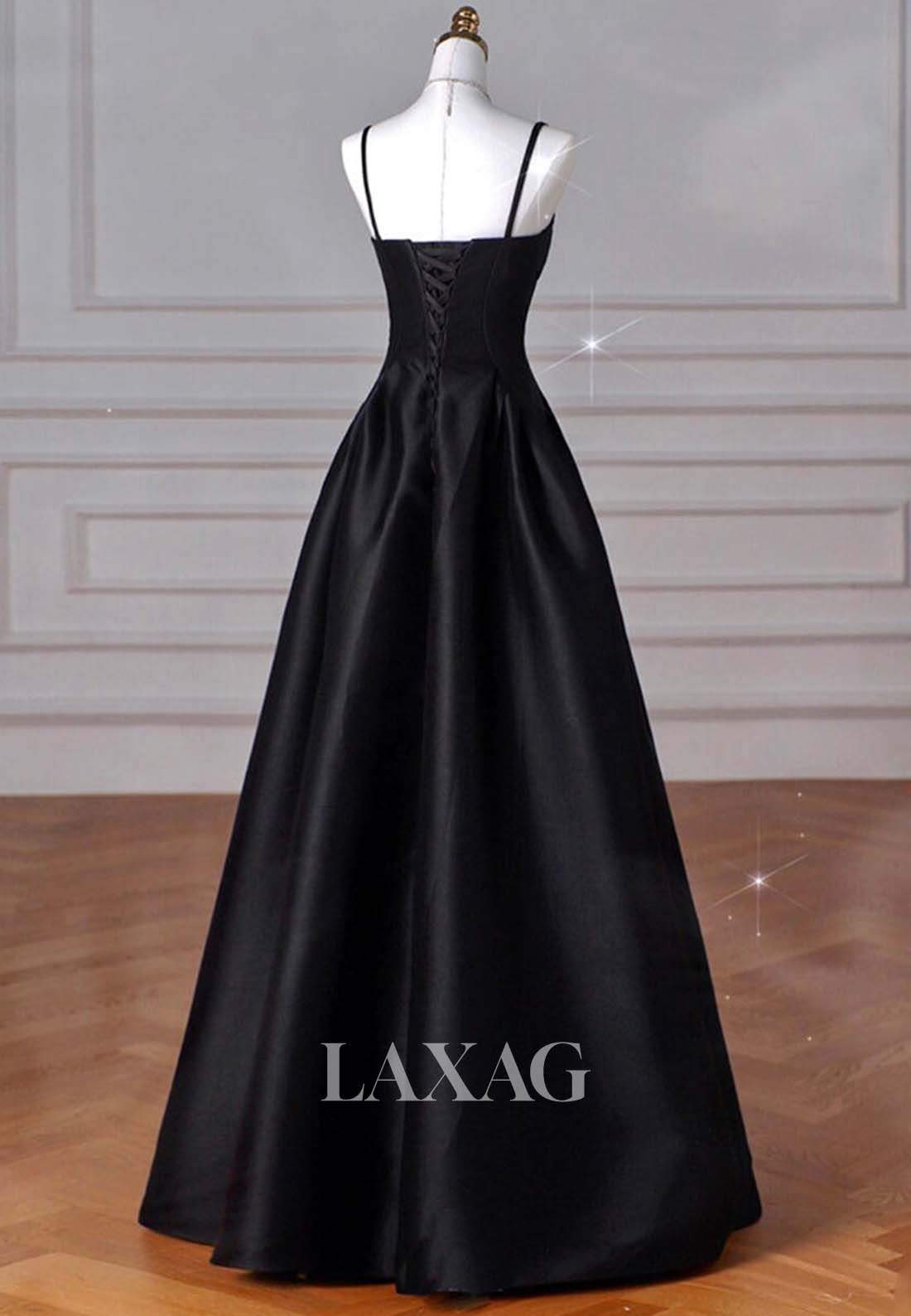 A-Line Spaghetti Straps Sleek Satin Evening Gowns Sweetheart Sleeveless Pleated Floor-Length Prom Dress