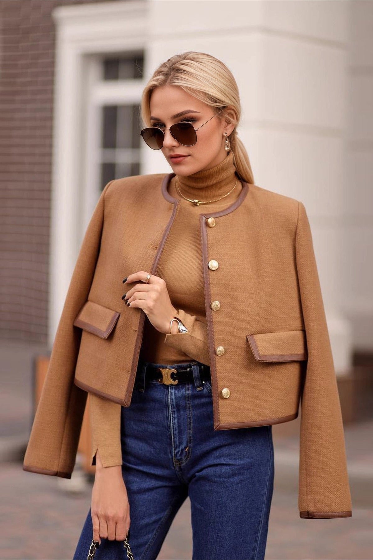 Short Tweed Round Neck Coat