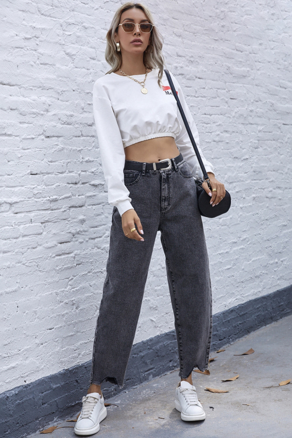 High Waist Irregular Denim Straight Trousers
