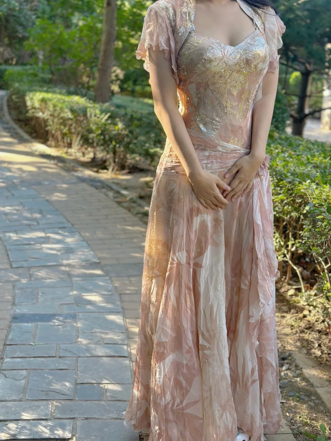 Pretty Pink Floral Print A-line Chiffon Long Prom Dress Evening Dress P4225