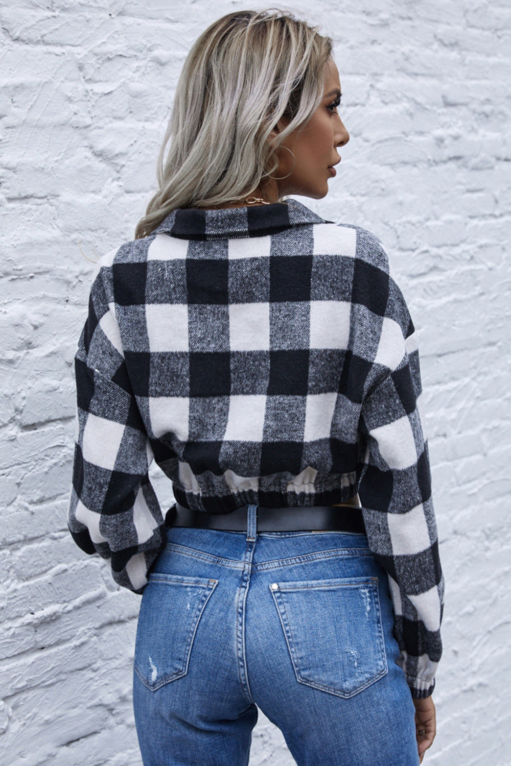 RadyRin Navel Stripe Check Lapel Zipper Sweater for Style