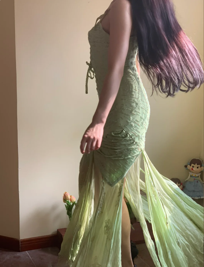 Beautiful Green Mermaid Beaded Embroidered Strappy Slit Chiffon Long Prom Dress Evening Dress P4226