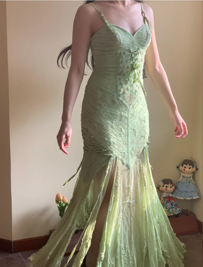 Beautiful Green Mermaid Beaded Embroidered Strappy Slit Chiffon Long Prom Dress Evening Dress P4226
