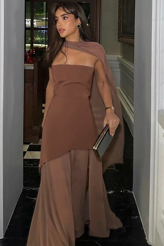 Scarf Neck Strapless Sheer Panel Maxi Dress