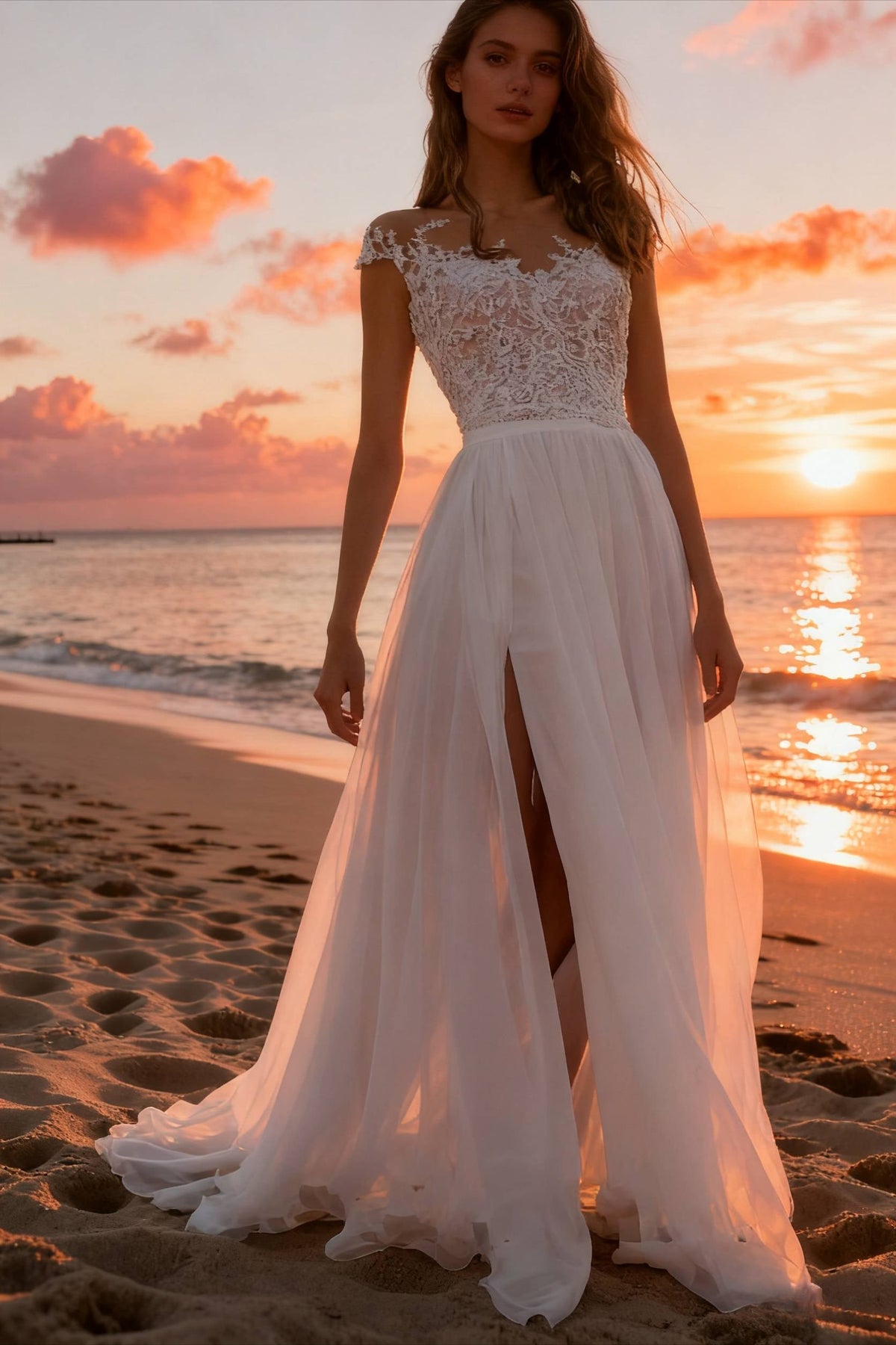 Lace Off Shoulder Cap Sleeve Chiffon High Split A Line Maxi Dress