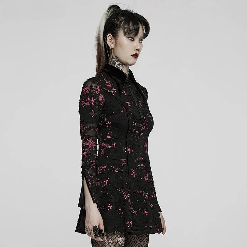 Distressed Collared Long Sleeve Fit & Flare Mini Dress