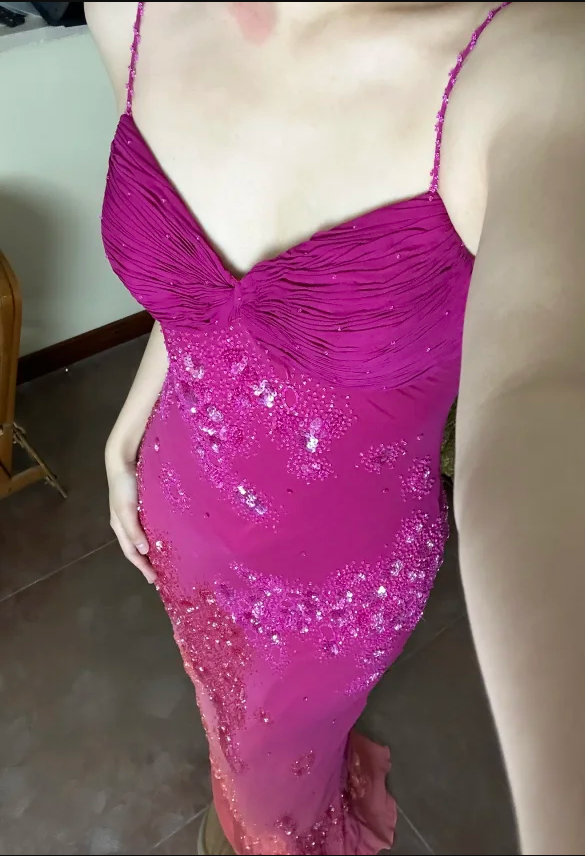 Gorgeous Rose Pink Halter V-neck Beaded Chiffon Long Prom Dress Evening Dress P4227