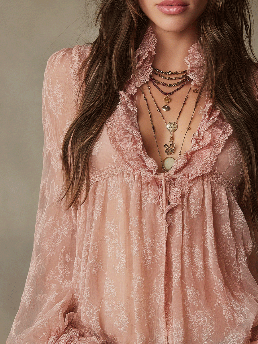Romantic Blush Boho Sheer Ruffle Blouse