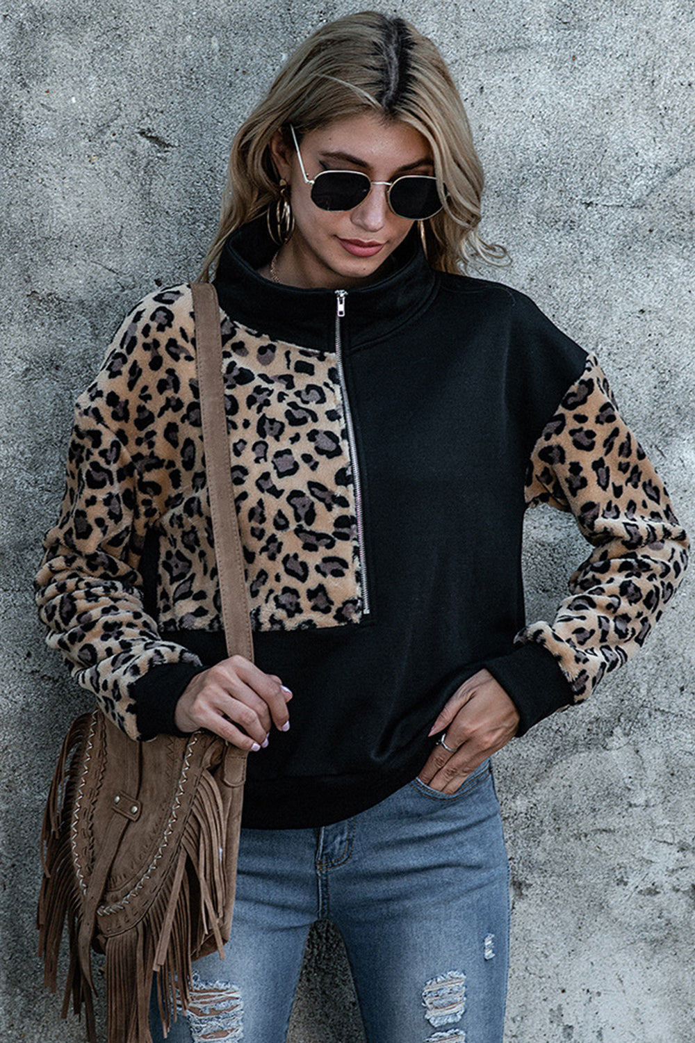 Loose Stitching Leopard Print Hoodies - Fashionpara