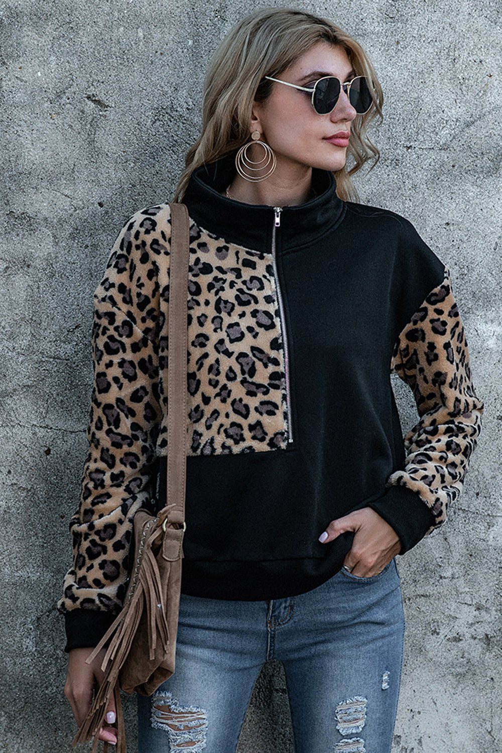 Loose Stitching Leopard Print Hoodies - Fashionpara