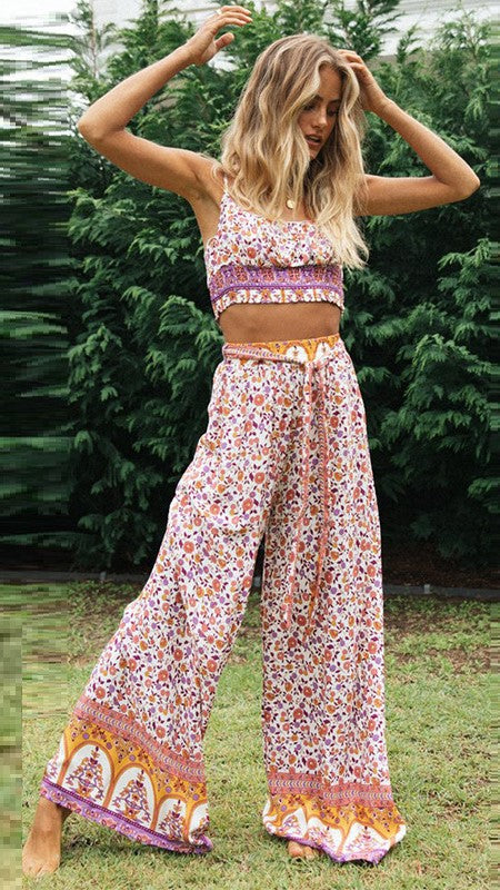 KittenAlarm - Purple Floral Crop Top and Pants Matching Sets