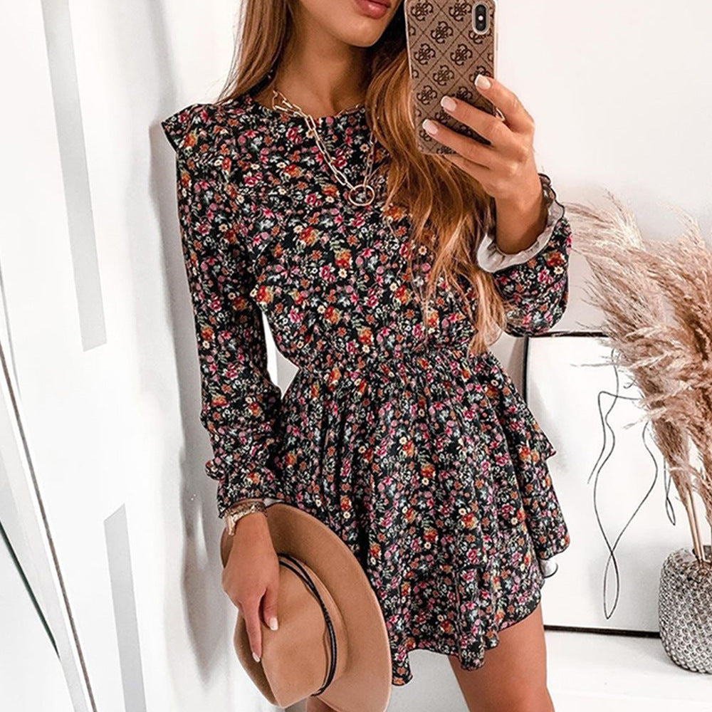 Floral Print Long Sleeve Tiered Ruffle Mini Dress