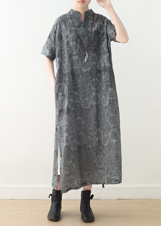 Floral Damask Mandarin Collar Short Sleeve Toggle Maxi Dress - View 2