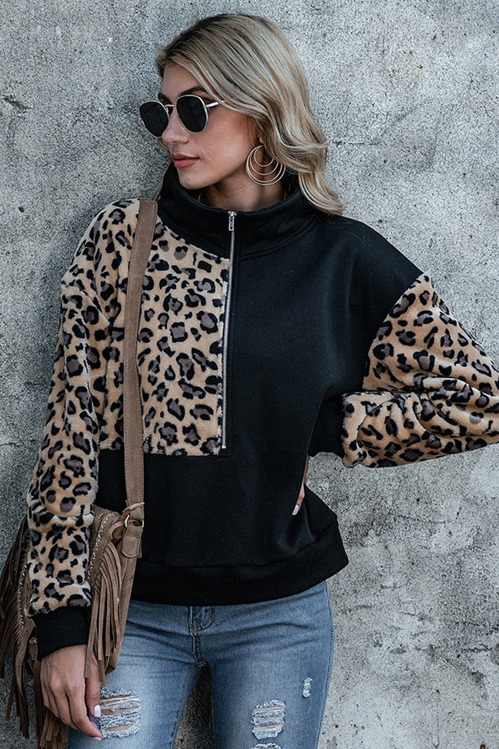Loose Stitching Leopard Print Hoodies - Fashionpara
