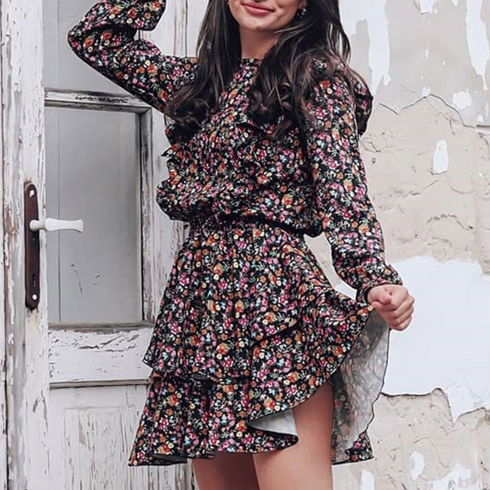 Floral Print Long Sleeve Tiered Ruffle Mini Dress