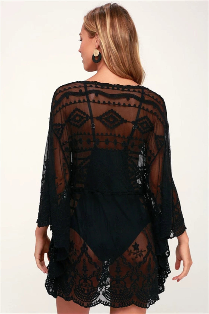 Lace Mesh Embroidered Pullover Cover Up