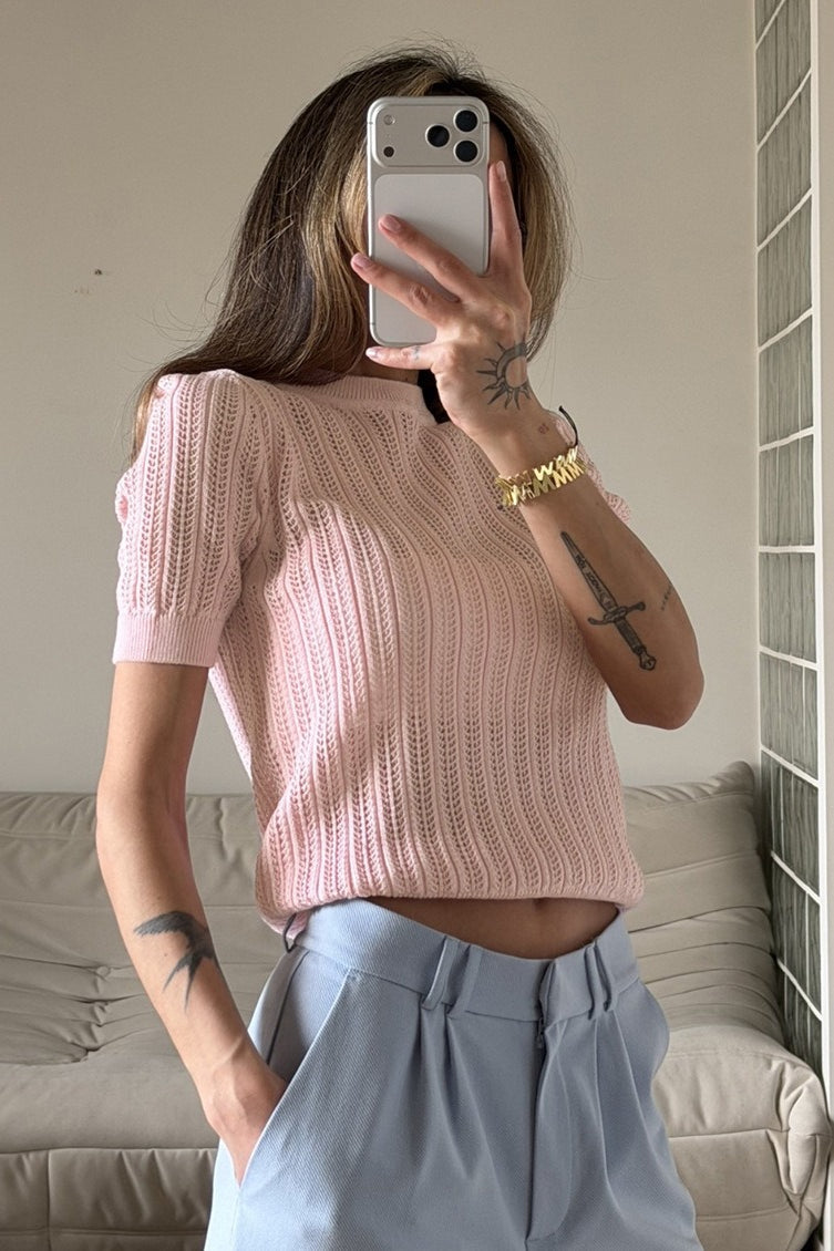 Openwork Short Sleeve Crew Neck Sweater