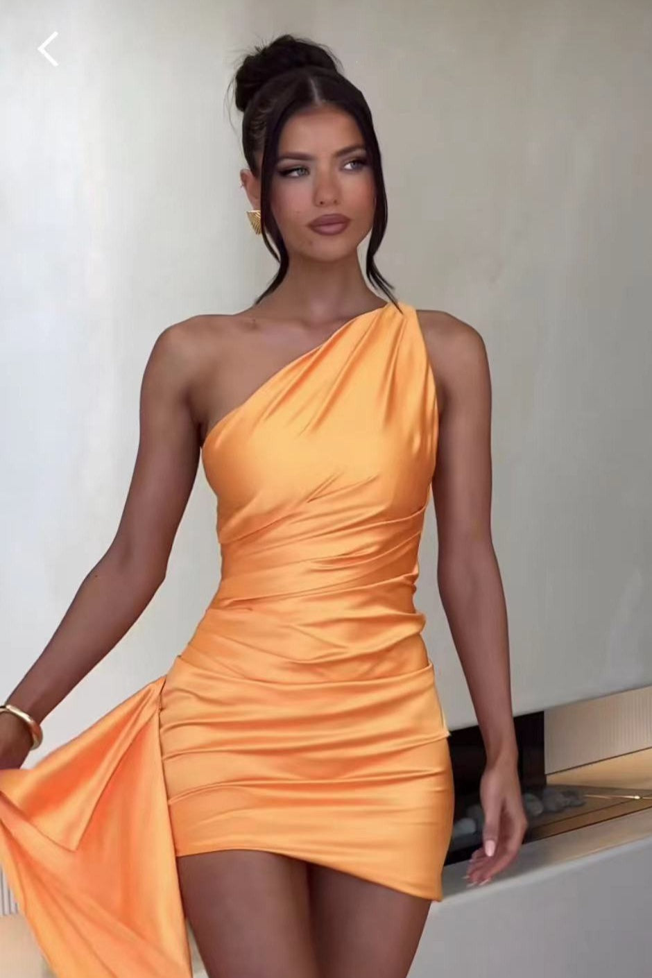 Satin One Shoulder Ruched Side Train Bodycon Cocktail Mini Dress - View 3