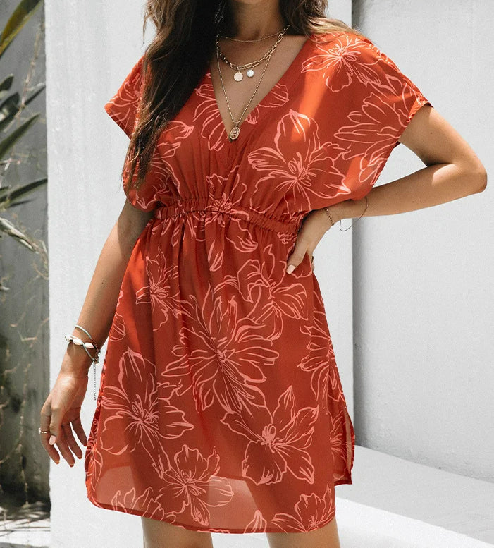 Plunge Neck Elastic Waist Bikini Cover Up