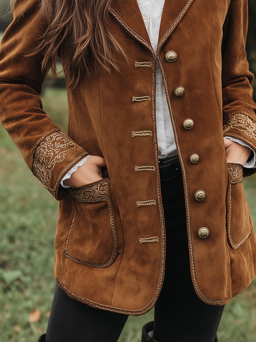 Retro Embroidered Cuffs Eco-friendly Suede Coat - Fashionpara