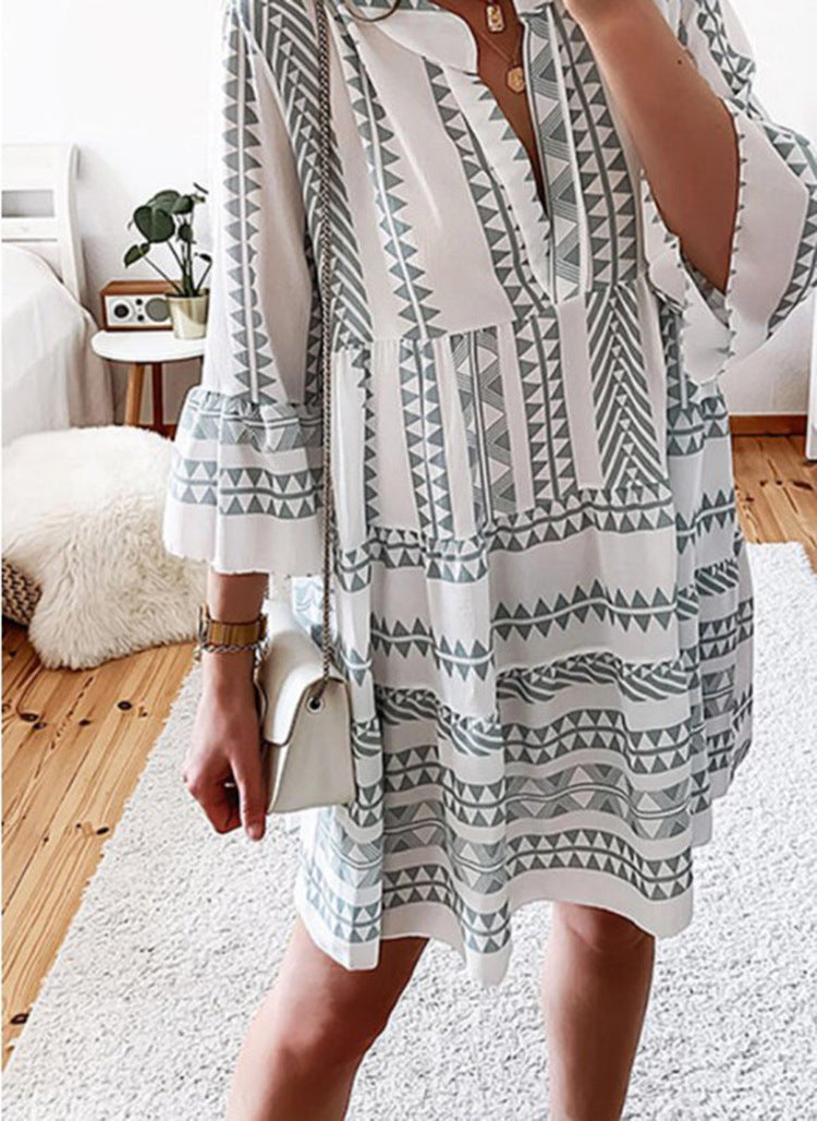 Printed Split Neck Bell Sleeve Tiered Shift Dress