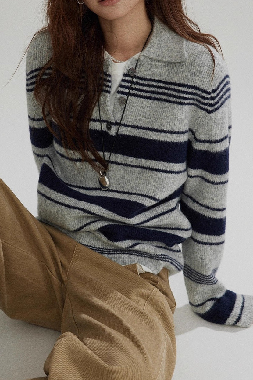 Stripe Polo Collar Knit Top