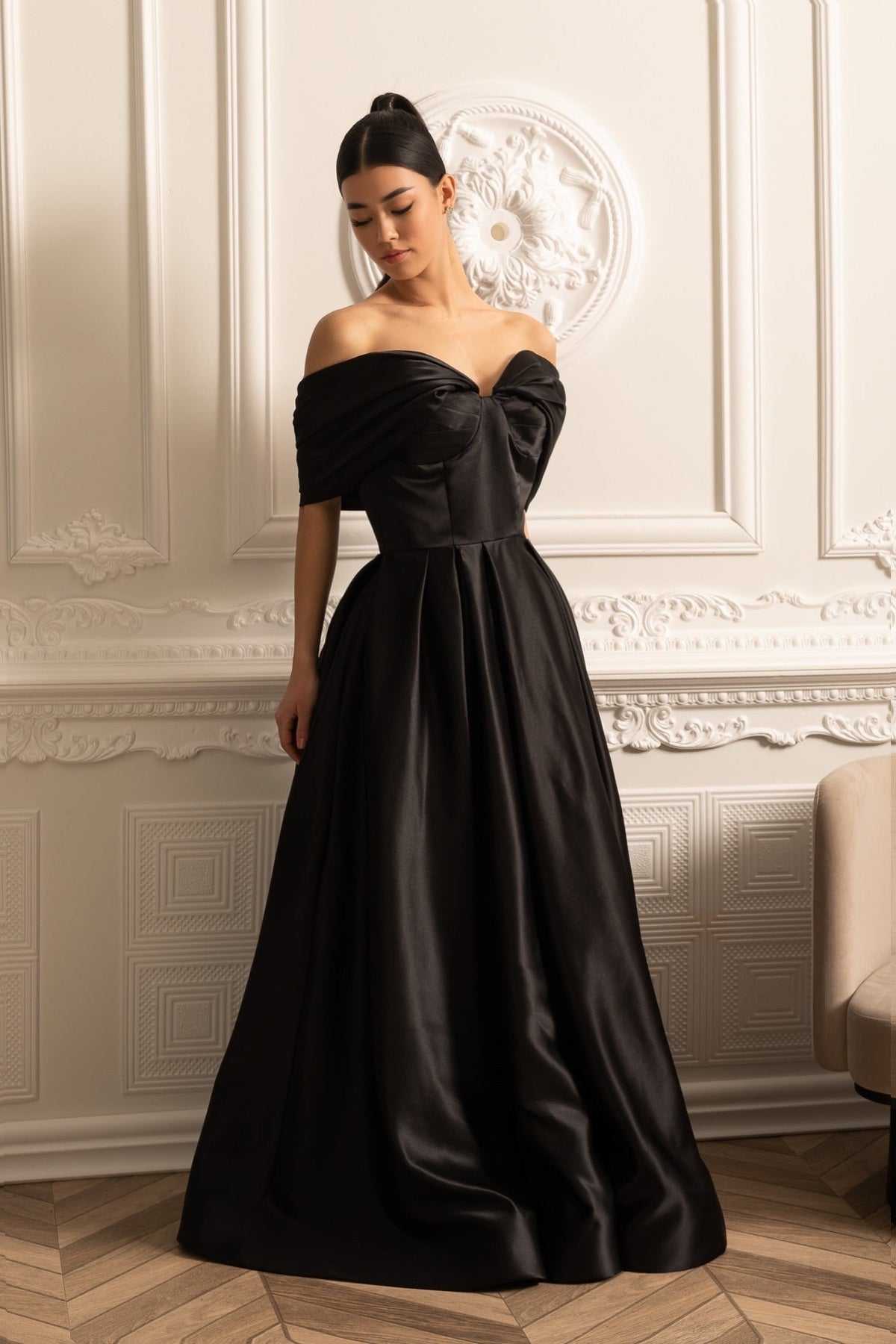 Satin Off Shoulder Sweetheart Twist Bodice Pleated Ball Gown