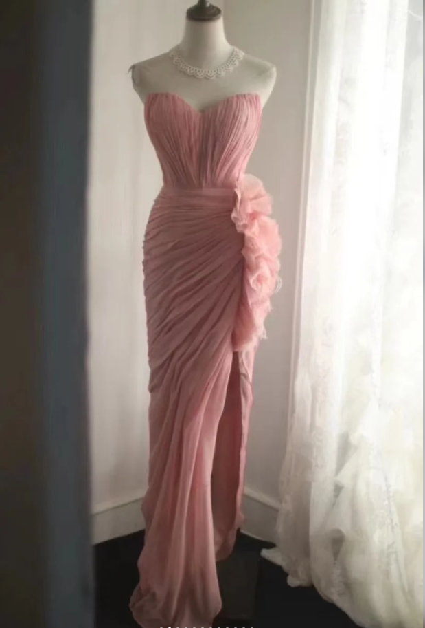 Pretty Pink Strapless Chiffon Pleated Slit Long Party Dress Evening Dress D1270