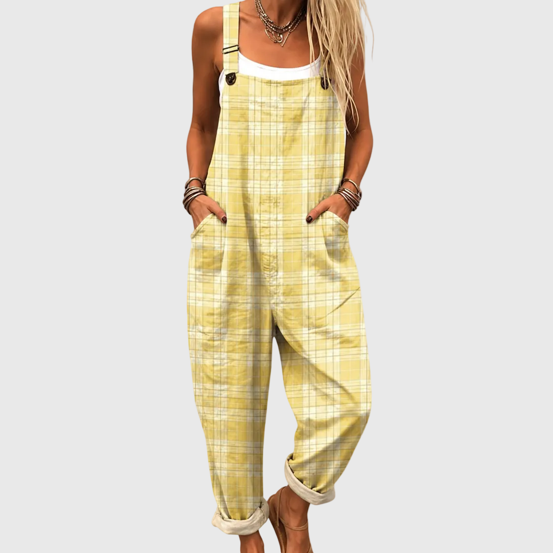 Plaid Print Sleeveless Baggy Overalls Jumpsuit