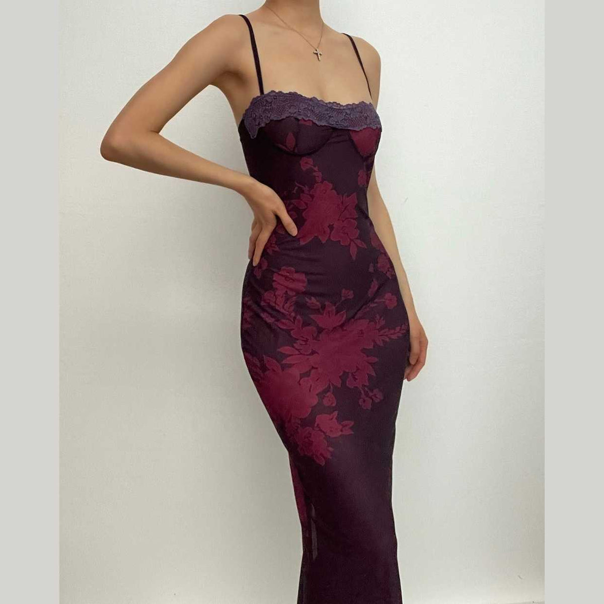 Floral Print Spaghetti Strap Lace Trim Bustier Mermaid Maxi Dress