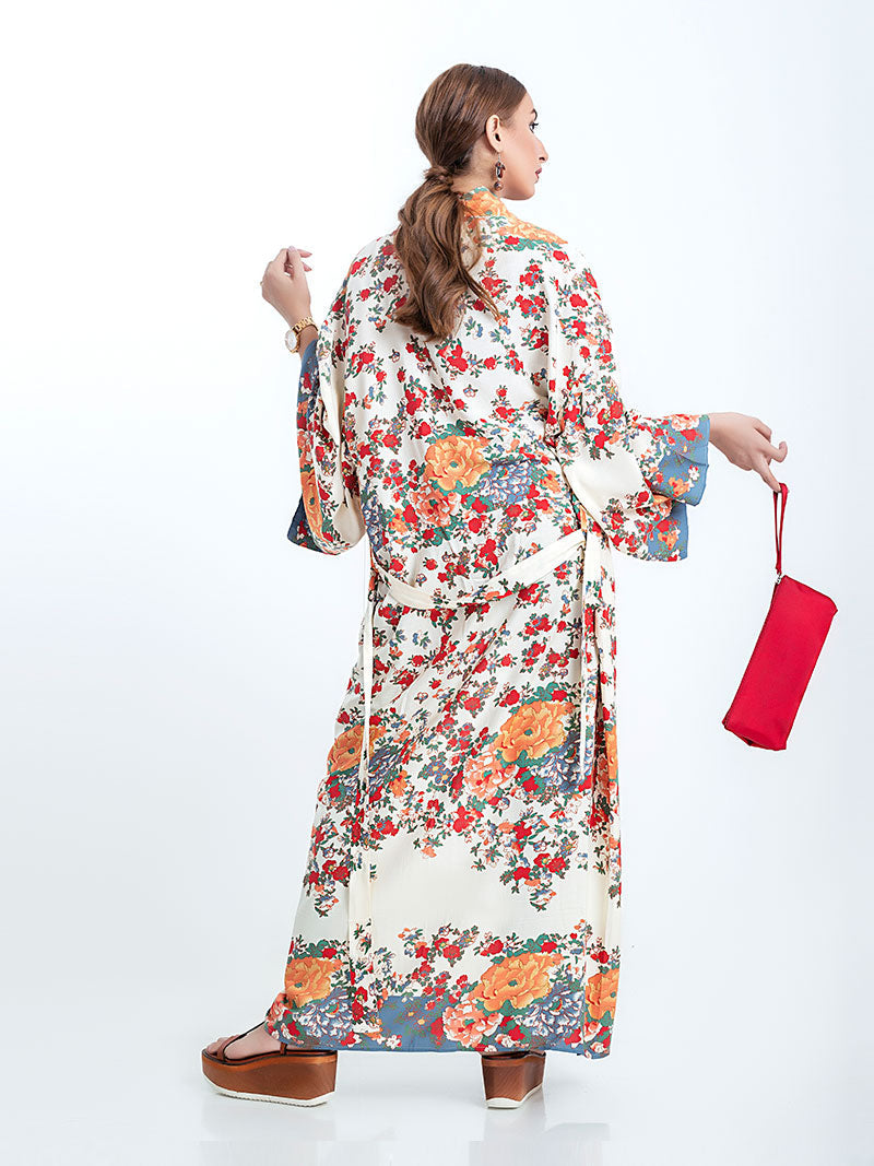 Beachwear Kimono Floral Bohemian Print Beige Color Cotton Long Length Gown Kimono Duster Robe - Fashionpara