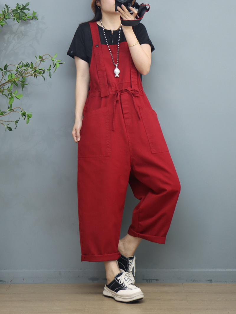 Waist Tie Belt Loose Wide-Leg Boho Pockets Overalls - Fashionpara