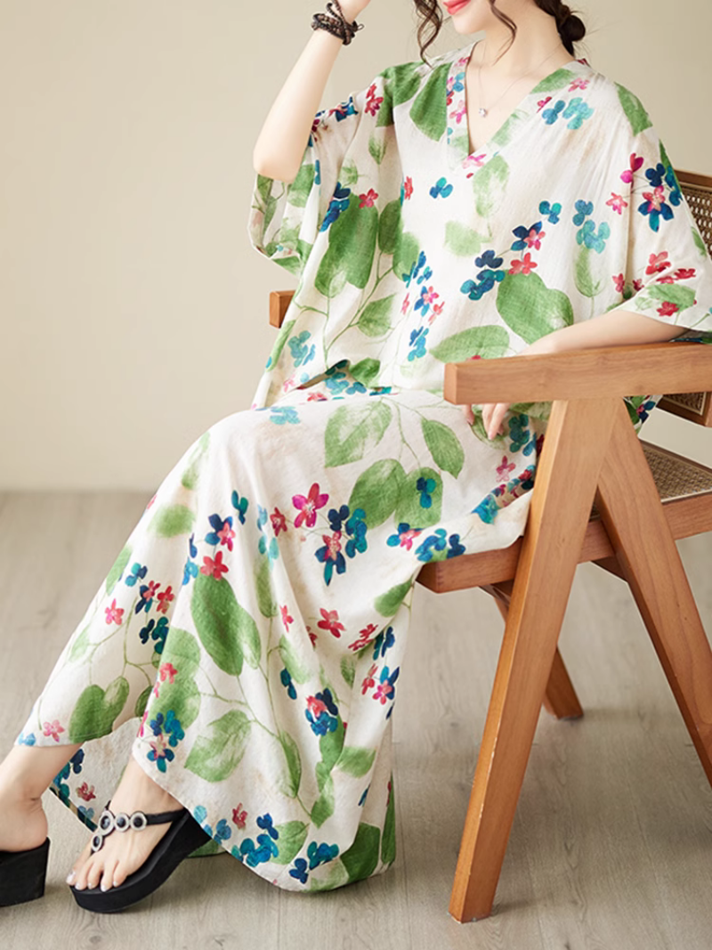 Leaf Print V-Neck Short-Sleeve Kaftan Maxi Dress 8