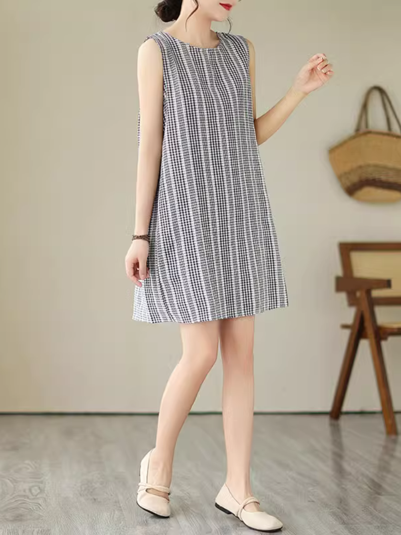 Gingham Check Round Neck Sleeveless Shift Mini Dress 2
