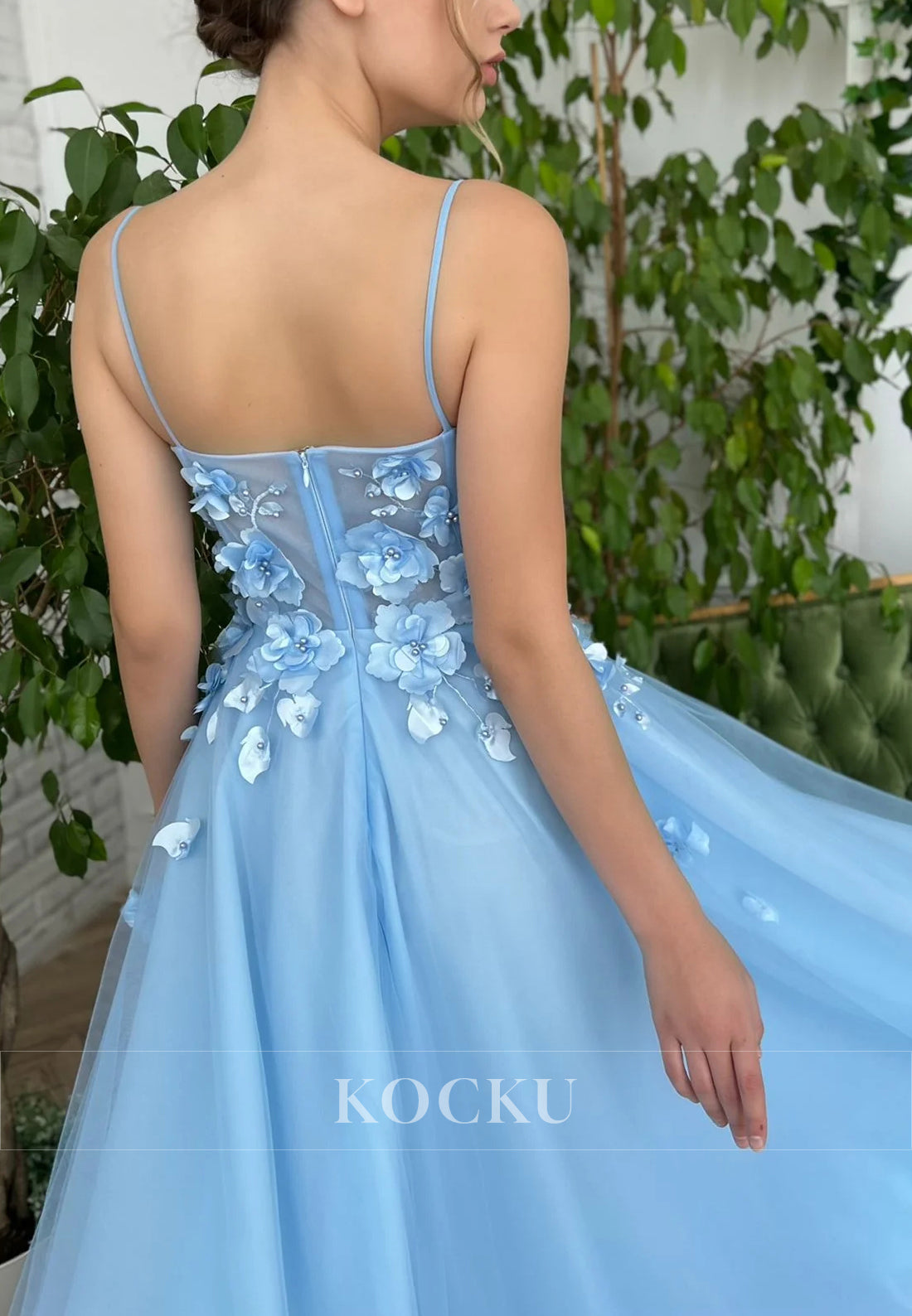 Blue Spaghetti Straps Beading Embellished Prom Dresses with Side Split