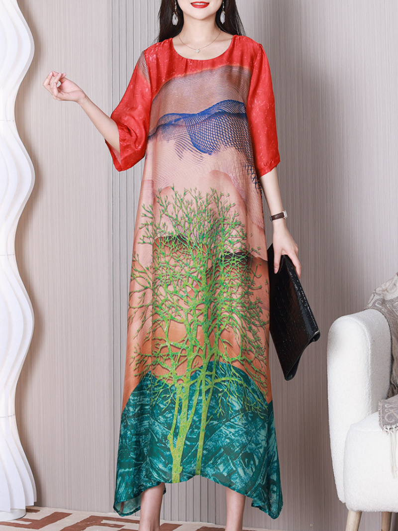 Printed Round Neck Half-Sleeve A-Line Maxi Dress