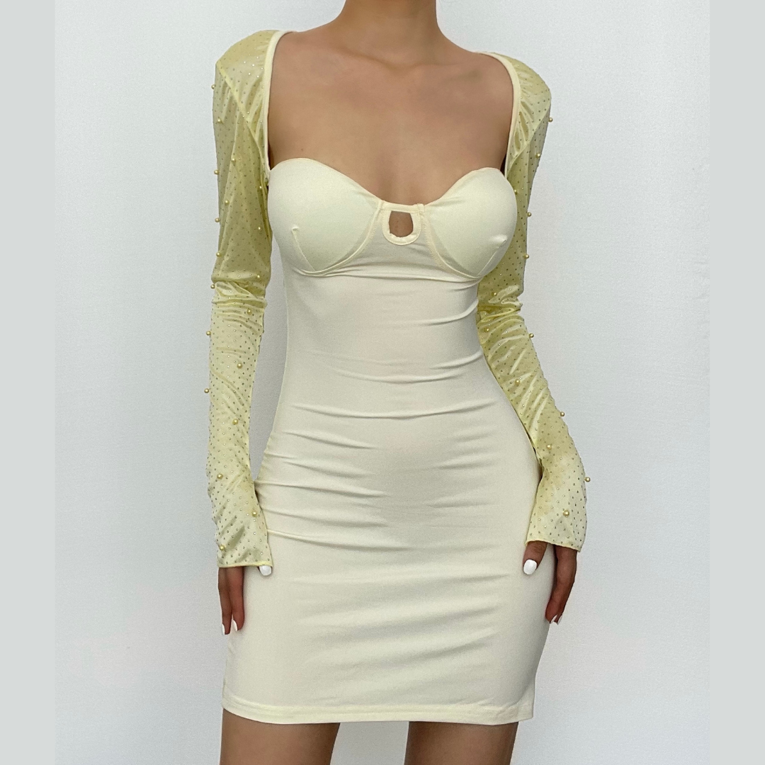 Long sleeve solid hollow out slit ruched beaded self mini dress
