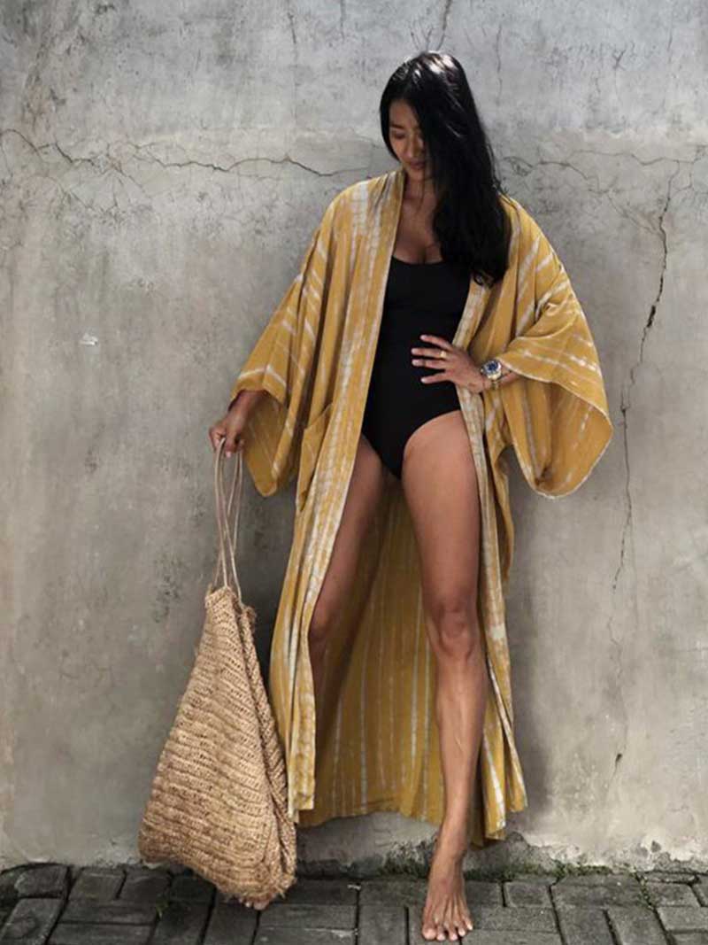 Tie-Dye Print Different Color Rayon Long Length Gown Kimono Duster Robe - Fashionpara