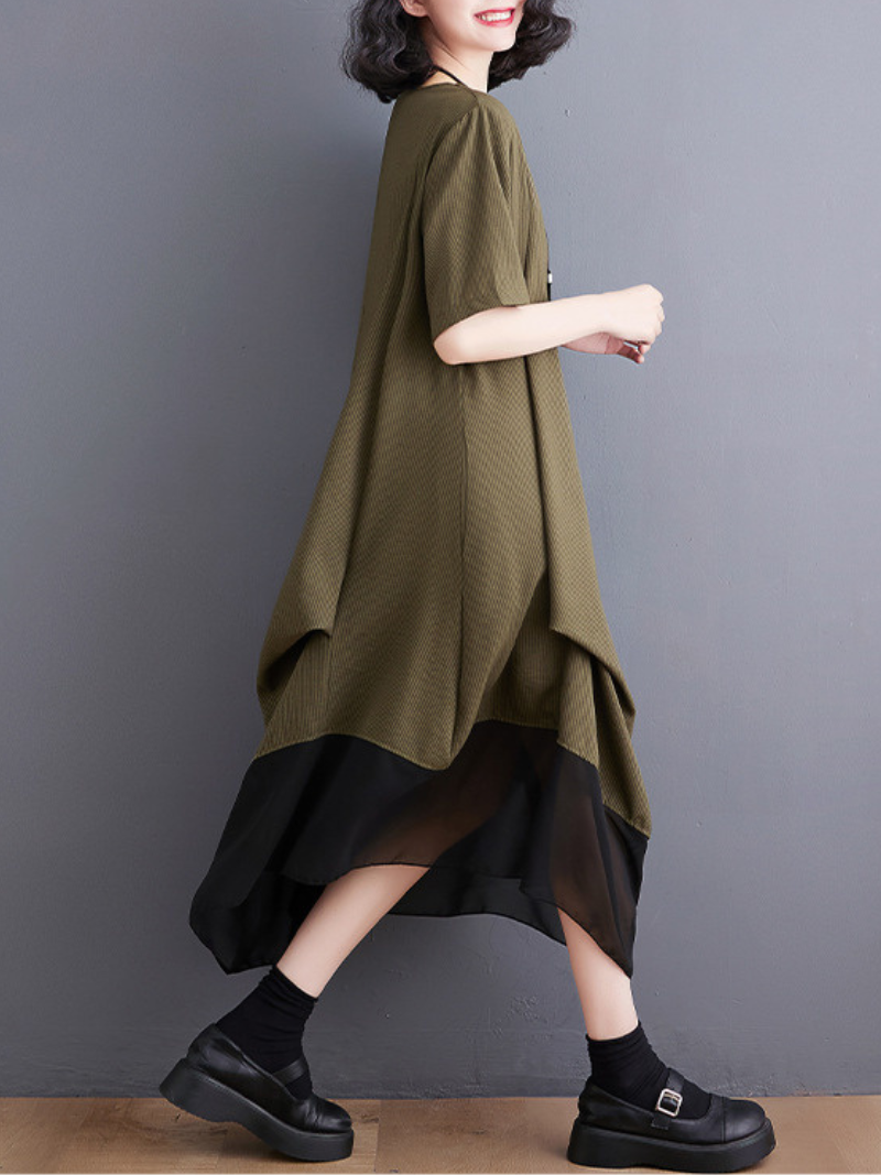 Round Neck Short Sleeve Spliced Pocket A-Line Midi Dress 4