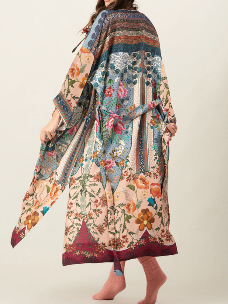 Printed Multicolor Cotton Long Length Gown Kimono Duster Robe - Fashionpara