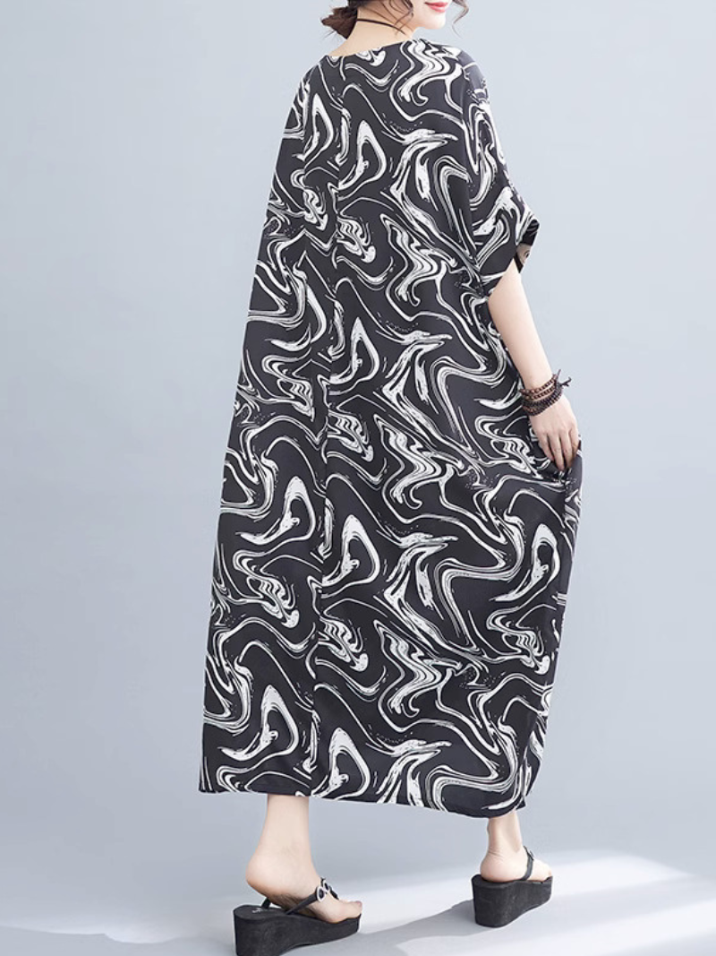 Marble-Swirl Print Batwing-Sleeve Kaftan Maxi Dress 2