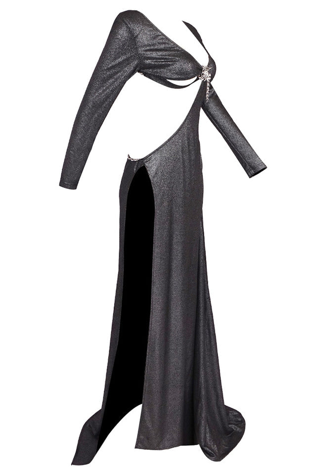 Sequin Long Sleeve Open Back High Slit Maxi Gown