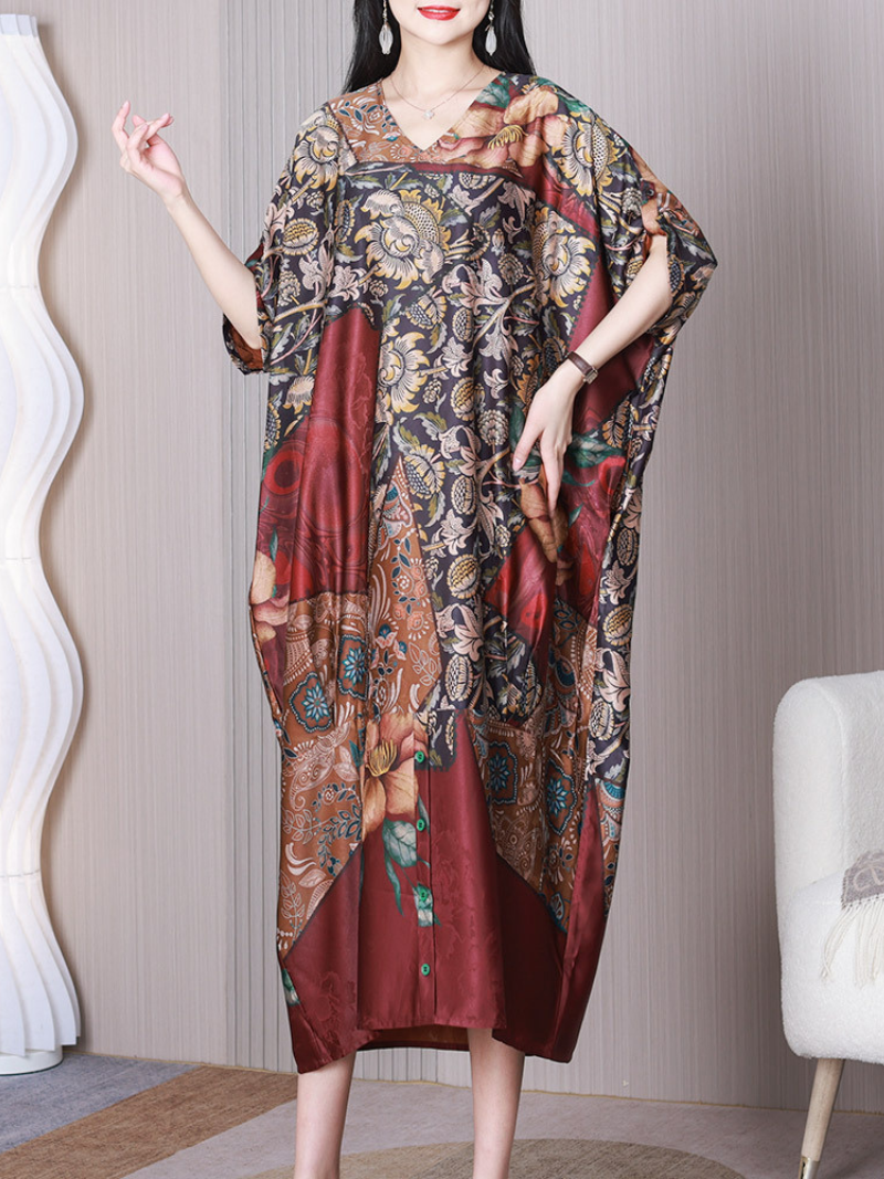 Floral Print V-Neck Batwing Sleeve Button Cocoon Midi Dress 2