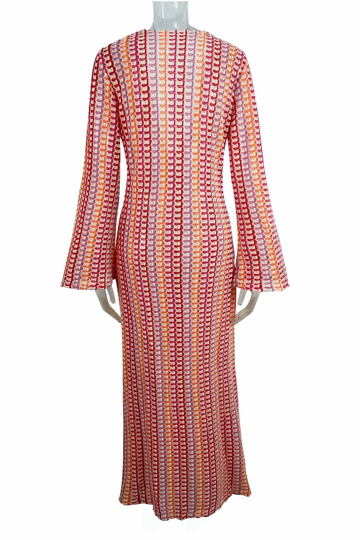 Crochet Deep V-Neck Long Sleeve Striped Boho Maxi Dress - View 22