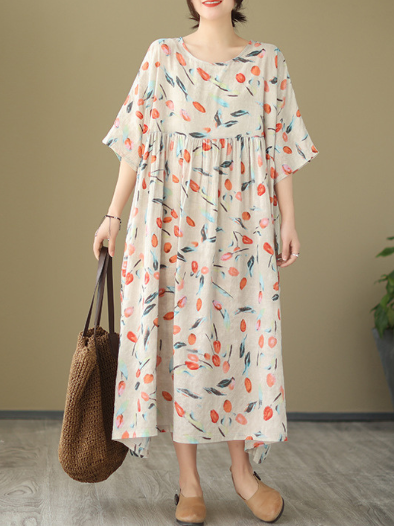 Tulip Print Round Neck Short Sleeve Smock Midi Dress