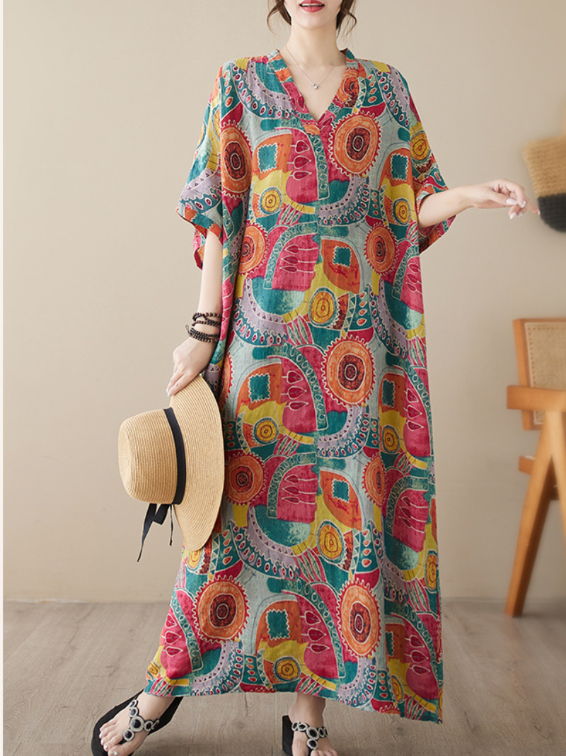 Game Of Love V-neck Short Sleeves Kaftan Dress - Fashionpara
