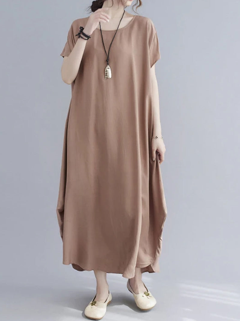Cotton Round Neck Short Sleeve Cocoon Midi Dress 29