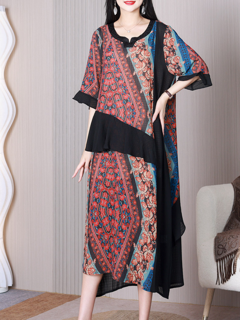 Floral Patchwork Print V-Neck Half Sleeve Asymmetric Midi Dress 3
