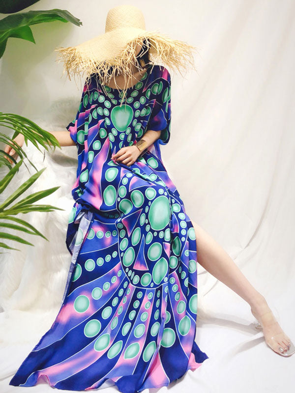 Bohemian Print V-Neck Short Sleeve Kaftan Maxi Dress