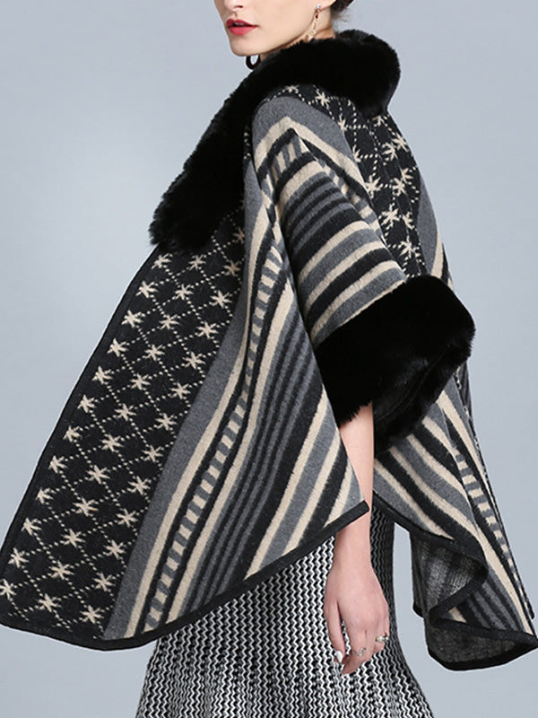 Stripe Bordeus Fluffy Neck Plus Size Cape Cardigan 14
